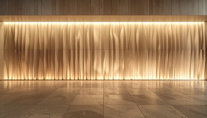 Geometric wall panel system with interlocking ridges, soft ambient lighting, contemporary interior depth, ultra-realistic architectural
