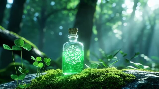 Enchanted potion in a serene forest setting, showcasing vibrant green colors and mystical elements