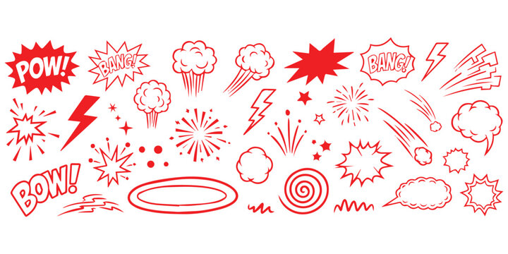 A large collection of red comic book explosion, speech bubble, and sound effect elements