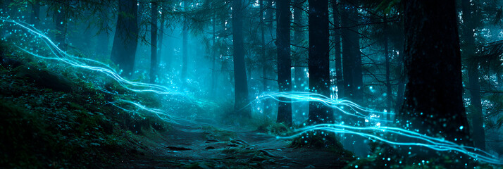 Misty forest path with glowing blue energy lines and dots winding through trees. Dark woods with ethereal light create a mysterious, futuristic atmosphere. Magical digital trail in nature