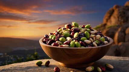 A wooden bowl filled with a variety of colorful nuts sits on a stone surface during a vibrant sunset