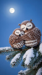 Obraz premium Two knitted owl toys snuggling together on a snow-covered pine branch in winter night. Warmth and protection concept for greeting card.