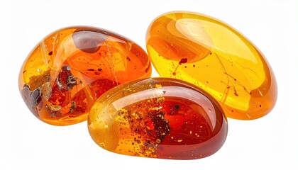 Three polished, translucent amber gemstones on white