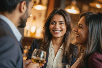 A happy group of business friends in a casual setting after work in bar