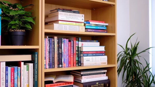 Bookshelves Filled with Books and Green Plants, Ideal for Home Library Setup