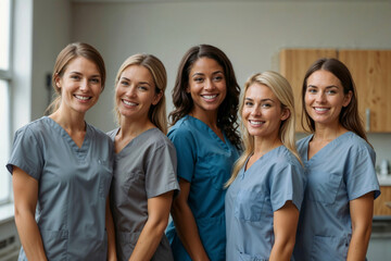 A group of doctors women in scrubs are smiling for the camera. They are all wearing blue scrubs and are standing close together