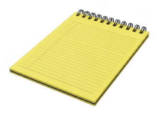A yellow spiral-bound notebook with lined pages and a blank interior isolated on transparent background