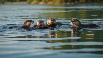 Group of playful otters swimming together in a serene lake, surrounded by lush greenery and calm water