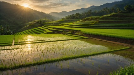Fototapeta premium Serene sunrise over lush green rice terraces with reflective water, surrounded by mountains and palm trees