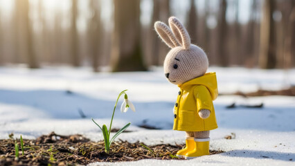 Knitted rabbit doll in yellow raincoat looking at a blooming snowdrop flower in the snow. Concept of spring coming and winter ending for Easter greeting card.