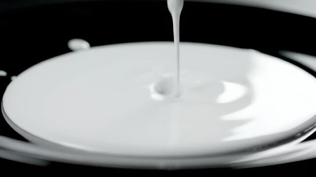 White liquid pouring and spreading into a disk shape on a black surface. Creamy substance flow. Cosmetic liquid motion.