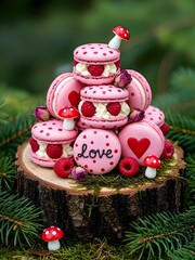 Romantic Pink Macaron Tower With Raspberry Filling, Hearts, and Forest-Themed Decorations on a Log Slice