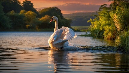 Elegant swan gracefully gliding through a serene lake at sunset, surrounded by lush greenery
