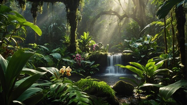 Lush tropical rainforest with cascading waterfall, vibrant flora, and soft sunlight filtering through trees
