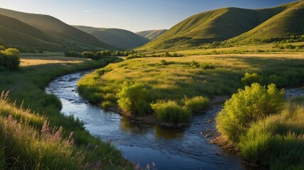 Serene river winding through lush green hills under a clear blue sky at sunset, showcasing nature's beauty