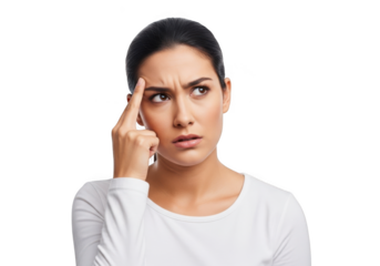 Young woman with a puzzled expression, touching her forehead in contemplation or confusion, wearing a white shirt, isolated on transparent background