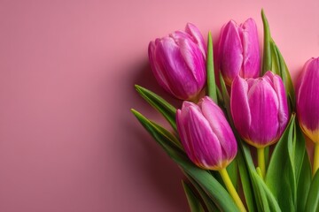 Fototapeta premium Fresh Pink Tulips on Pink Background Display