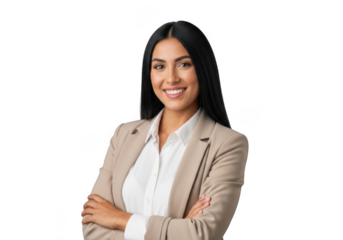 Confident businesswoman standing with arms crossed, smiling, isolated on transparent background