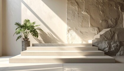 Minimalist interior steps plant stone wall natural light shadows modern architectural composition