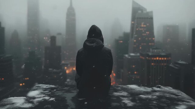 Solitary hooded figure sitting on a rooftop edge overlooking a foggy city at evening conveying depression isolation and emotional heaviness in an urban atmosphere