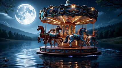 Enchanting illuminated carousel with ornate galloping horses floating magically upon calm water beneath a bright full moon.