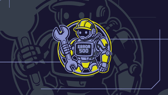 Error 500 Robot Mascot with Wrench. Server Maintenance and Technical Support Concept. Futuristic Repair Bot E-Sport Logo.