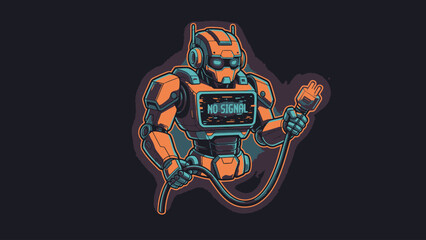 Fototapeta premium Neon Cyberpunk Robot Error: Mechanical Android Holding Unplugged Cable with 