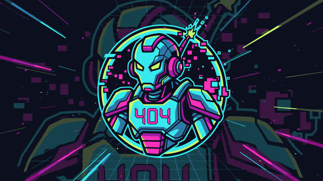 Futuristic 404 Error Robot Mascot Logo in Neon Synthwave Style with Glitch Effect