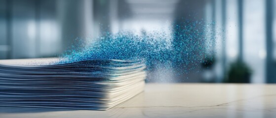 The Stack of Papers Emitting a Blue Particle Cloud on Office Desk