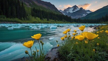 Scenic view of vibrant yellow flowers by a turquoise river with icebergs and majestic mountains at sunset