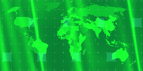 World map background overlayed with digital tech grids.