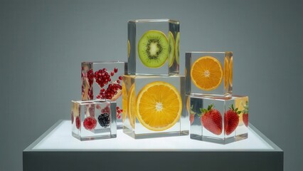Colorful Fruit Ice Cubes Displayed in Transparent Blocks