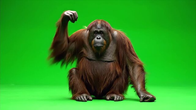 Realistic Orangutan Ape Sits and Raises Arm on Green Screen Background.