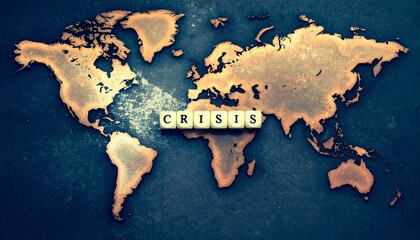 Global crisis concept map with textured continents and bold "CRISIS" text over Atlantic.