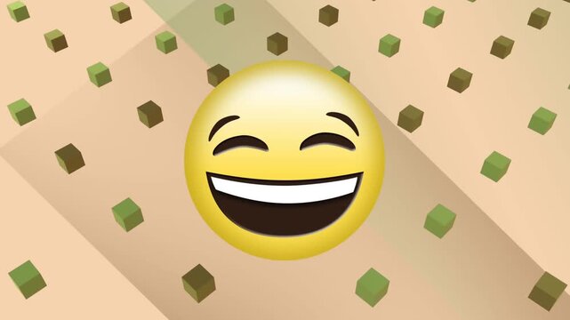 Animation of smiley emoji icon over cubes and pattern background