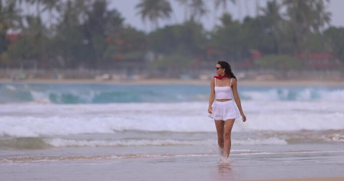 Young Woman Enjoying Tropical Beach Walk In Sri Lanka Slow Motion