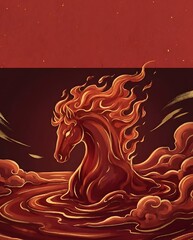 Chinese New Year 2026, the year of the Horse, red and gold line art characters