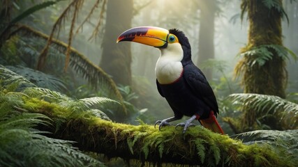 Obraz premium Vibrant toucan perched on a mossy branch in a lush rainforest, sunlight filtering through foliage