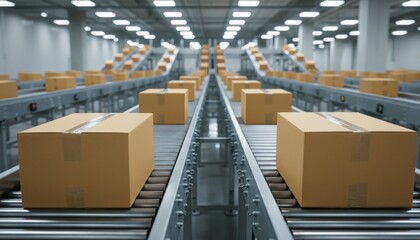 Brown cardboard packages moving along multiple automated conveyor belts in a modern warehouse, symbolizing efficient supply chain management and inventory control