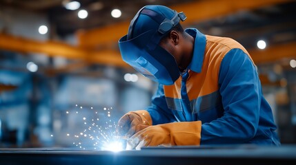 An industrial environment shows a worker performing welding operations, focusing on precision, heat control, and high quality metal fabrication. cinematic color correction, natural uneven lighting