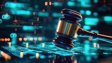 Gavel on circuit board representing digital law, internet regulation, cybersecurity, and data protection