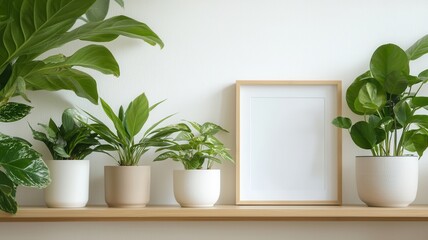 Minimalist interior design featuring potted plants and empty frame on wooden shelf, creating serene bright space