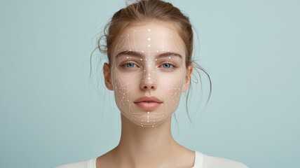 Woman's head with facial recognition points and network lines representing biometric ai identification and technology