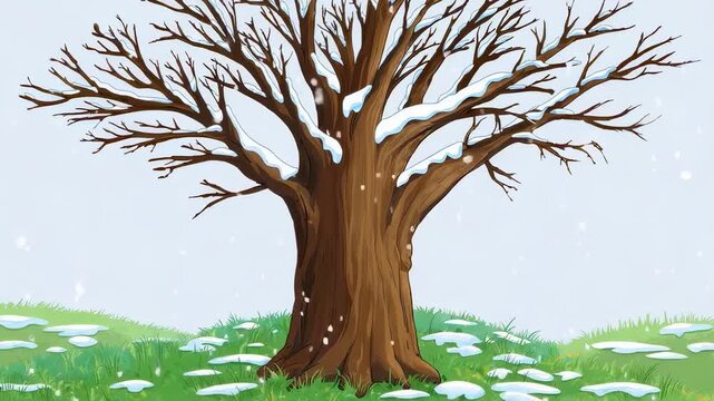 A lone tree stands in a snowy field with bare branches and green grass patches visible in the cartoon style