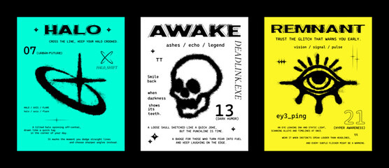 Naklejka premium Grunge Brutalism Poster Set with Spray paint Icons and Neon Blocks. Three brutalist grunge posters with rough spray paint stencil icons—halo ring, skull, and all-seeing eye. Vector graphic set