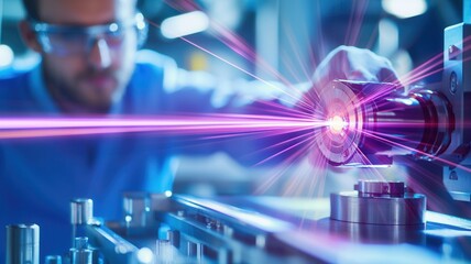 Automated laser cutting machine processing intricate components, creating a dynamic display of and light precision industrial