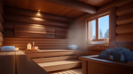 An inviting sauna cabin with steam rising, highlighting the therapeutic properties of heated air that promotes relaxation and detoxification within a cozy, natural wood environment. cinematic color