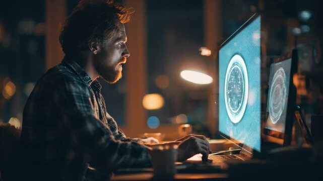 Tech Enthusiast Focused on the Digital Realm: A focused individual deeply engrossed in their work, illuminated by the glow of computer screens.