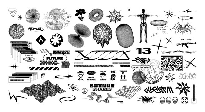 2k Bitmap Retrofuturistic Graphic Pack. Black and white 3D universal geometric shapes, bitmap elements, pixel signs and symbols, 2k glitch cyberpunk elements set, 3D wireframe shapes. Vector brutalism