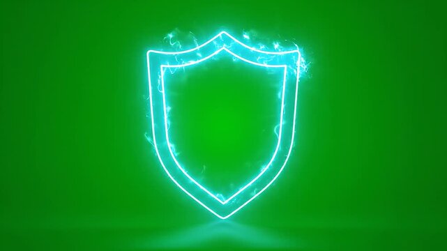 Glowing neon shield icon with energy sparks representing security and protection perfect for digital concepts.
